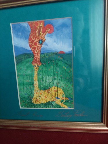 Betsey Fowler "First Kiss" Giraffe Print Wild Kingdom Matted Framed Signed 9 x 9 - Picture 2 of 6