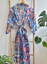 Indian Robe Gown Dress Cotton Long Kimono Blue Leaf Floral Women's Nightwear US