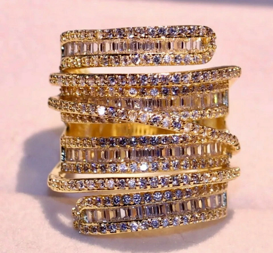 18k Gold Plated Big Long Bold Ring made w Swarovski Crystal Stone Gorgeous - Image 2 of 4