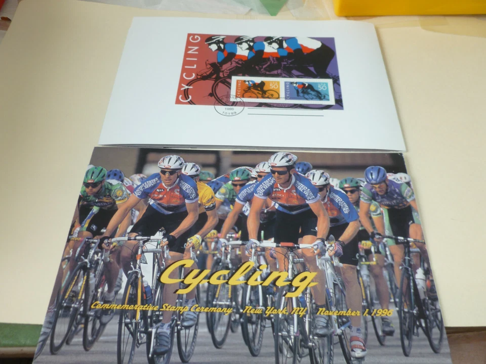 Estampillas de ciclismo 50c Ceremonia Prog. Fdc Sc#3119ab 1996 [CV $14] + $1,00 Souv. Hoja Foto 2 de 3