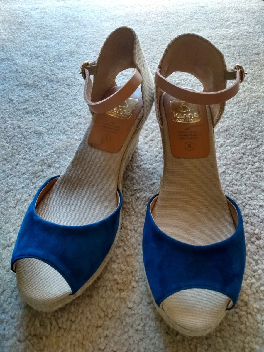 KANNA Shoes Navy Blue Suede Peep Toe Espadrille Platform Sandals