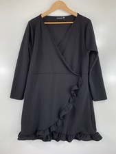 PRETTY LITTLE THING Size 12 Solid Black Textured Ruffle Long Sleeve Dress 