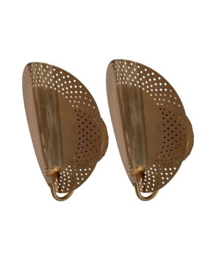 Pair Curved Light Wall Sconce Mid Century Modern Perforated Raw Brass