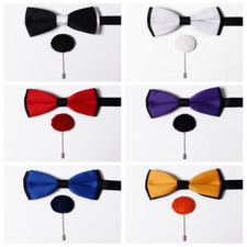 Men Pre-tied Bow Tie Corsage Brooches Lapel Pin Wedding Party Bowtie Set