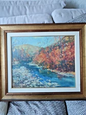 G. TRIBAUDINO (20th) Oil On Paper "The River" 1972 Under Glass Gold Frame