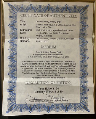 Ultra Rare # 8/30 of 8 Mile EMINEM Autographed Authentic Brick W