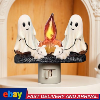 2 Ghosts Roasting Marshmallows at Campfire Cute Ghost Halloween Night