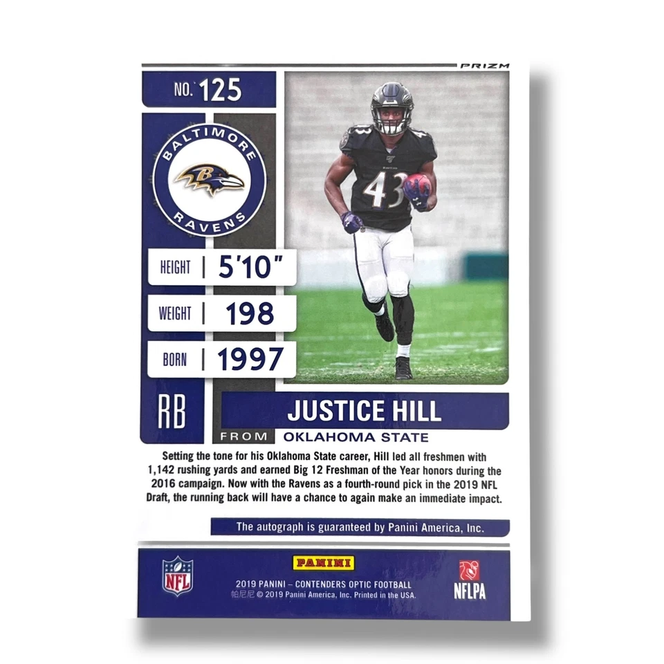 2019 Panini Contenders Optic Holo Prizm Rookie Ticket Autographs Justice Hill  - Image 2 of 2