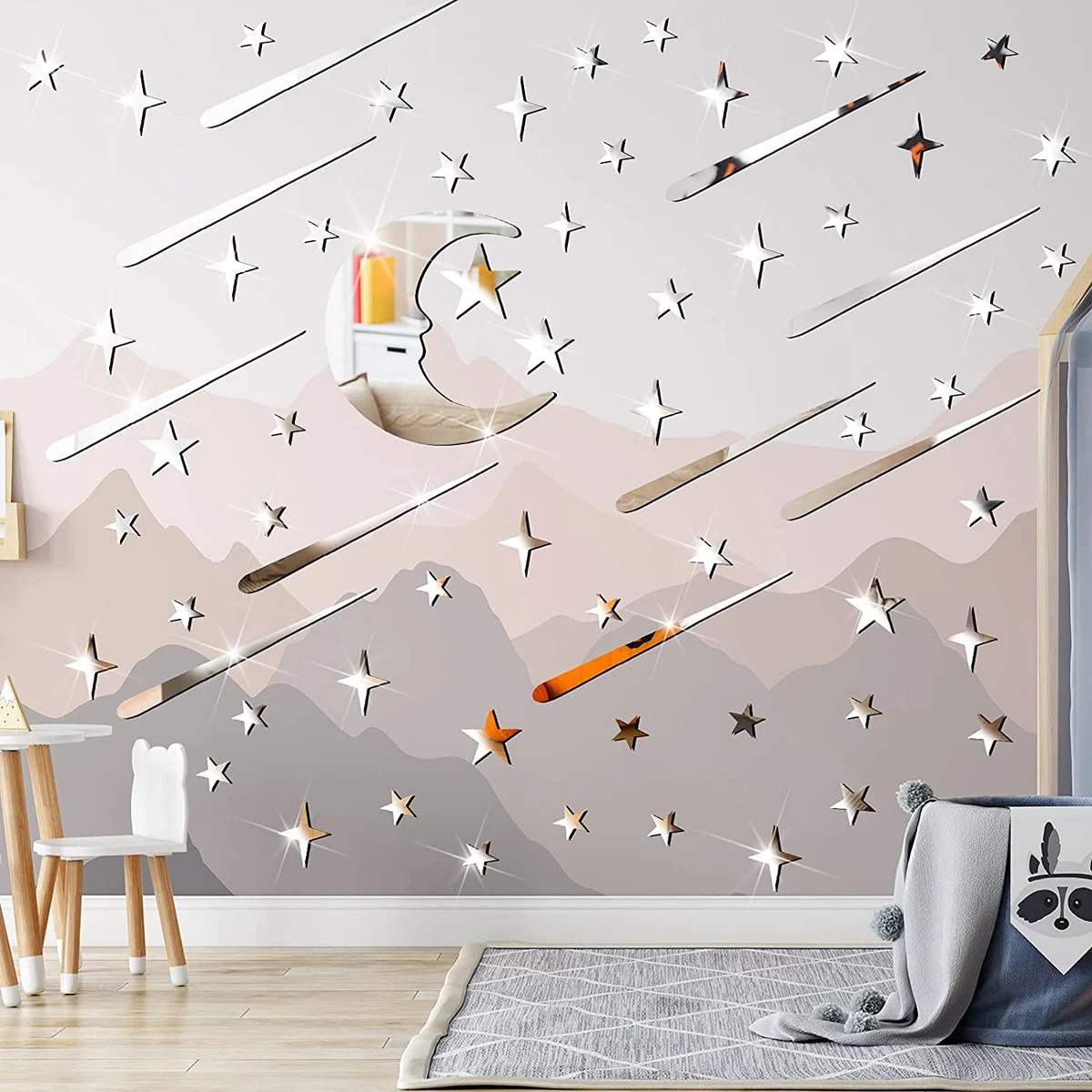 216 Pieces Moon Stars Wall 3D Stickers Acrylic Mirror Wall Decals Decor  Silver