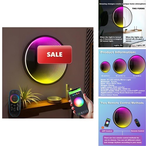 Xqdupda 3D Infinity Mirror Light 12 Circle Led Tunnel Wall Light 358 Leds App