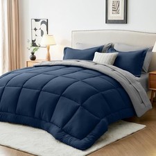 Comforter Set, 7 Pieces Bed in a Bag Complete Bedding Queen Navy Light Grey