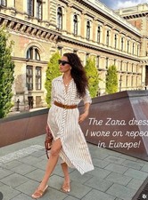 ZARA SS25 STRIPED BELTED MIDI SHIRT DRESS ECRU/MAROON Size L Ref 5029/068