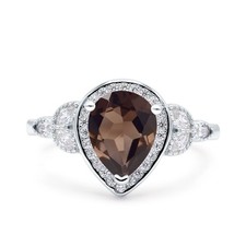 Pear Teardrop Natural Chocolate Smoky Quartz Leaf Halo Ring 925 Sterling Silver