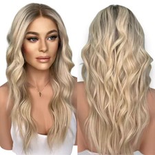 Ombre Creamy Blonde loose wave dark roots 100 Human Hair Lace Front Wigs 13x4