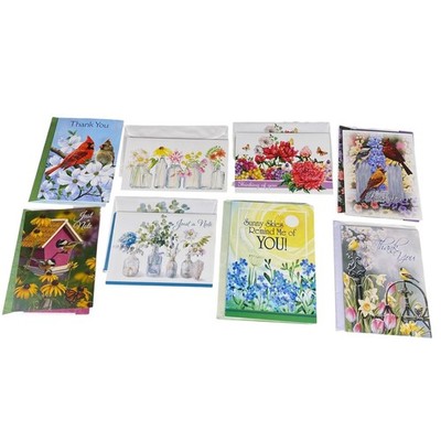 8 Assorted Nature Bird and Floral Greeting Cards with Decorated Envelopes Set