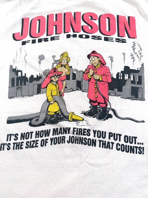 Vintage 1990 Big Johnson Fire Hoses Shirt XL Fireman Sex Humor Funny