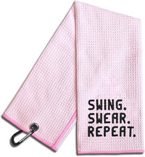 Swing Swear Repeat Embroidered Pink Golf Towel, Funny Towels for Golf Bags with