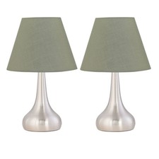 Set of 2 Brushed Chrome Touch Table Lamps Bedside Lights Sage Green Shade