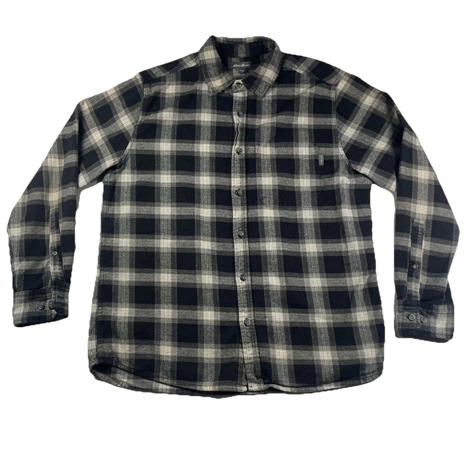 Eddie Bauer Shirt Mens Large Black Long Sleeve Button Up Pocket Plaid Checks