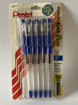 5-Pentel 0.6mm Tip Hybrid Grip Gel Ink Pens W/Rubber Finger Grip Blue Fine Line