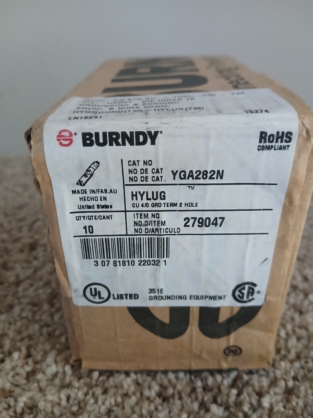 1 Pack Burndy YGA282N Cu Compression Lugs 4/0 AWG 2-Hole 1/2" Stud 1-3/4" Spaci