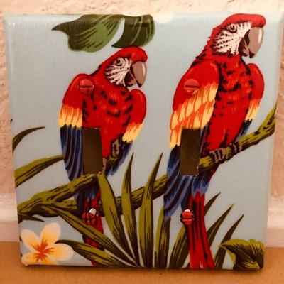 CUTE TROPICAL MACAWS HANDMADE SWITCHPLATE & OUTLET COVERS PALE BLUE MID SIZE