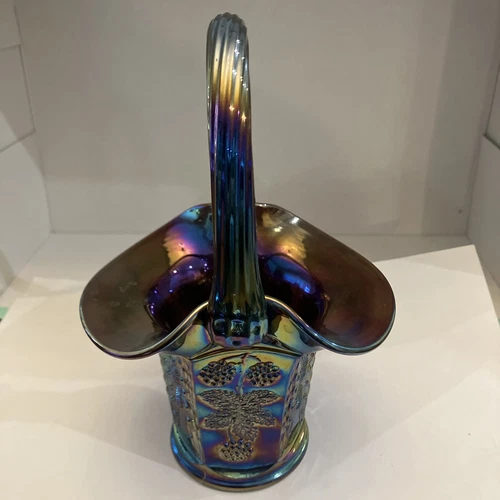 Fenton Amethyst Purple Iridescent Carnival Glass Basket Butterfly And Berries