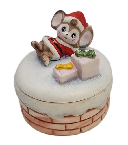 Vintage Christmas Santa Clause Mouse Trinket Box Porcelain Round Jewelry Homco 