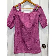 Trina Turk Women's Dress Short Sleeve Cold Shoulder Eyelet Purple/Pink Small