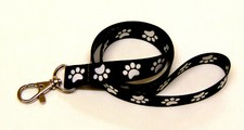 Paws lanyard -black & white printed neck strap for ID & keys.15mm. Free UK post.