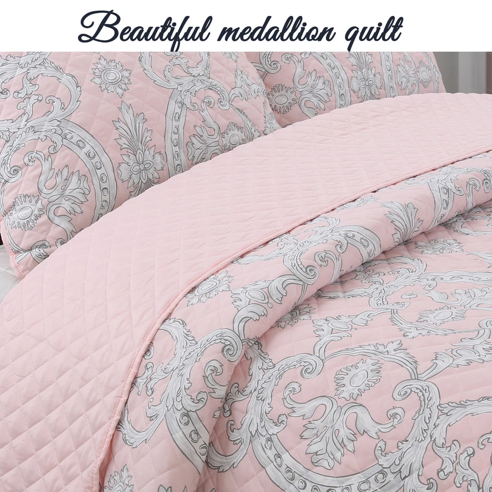 Juego de cama edredón reversible medallón rosa floral millennial, colcha, cubrecama Foto 2 de 4