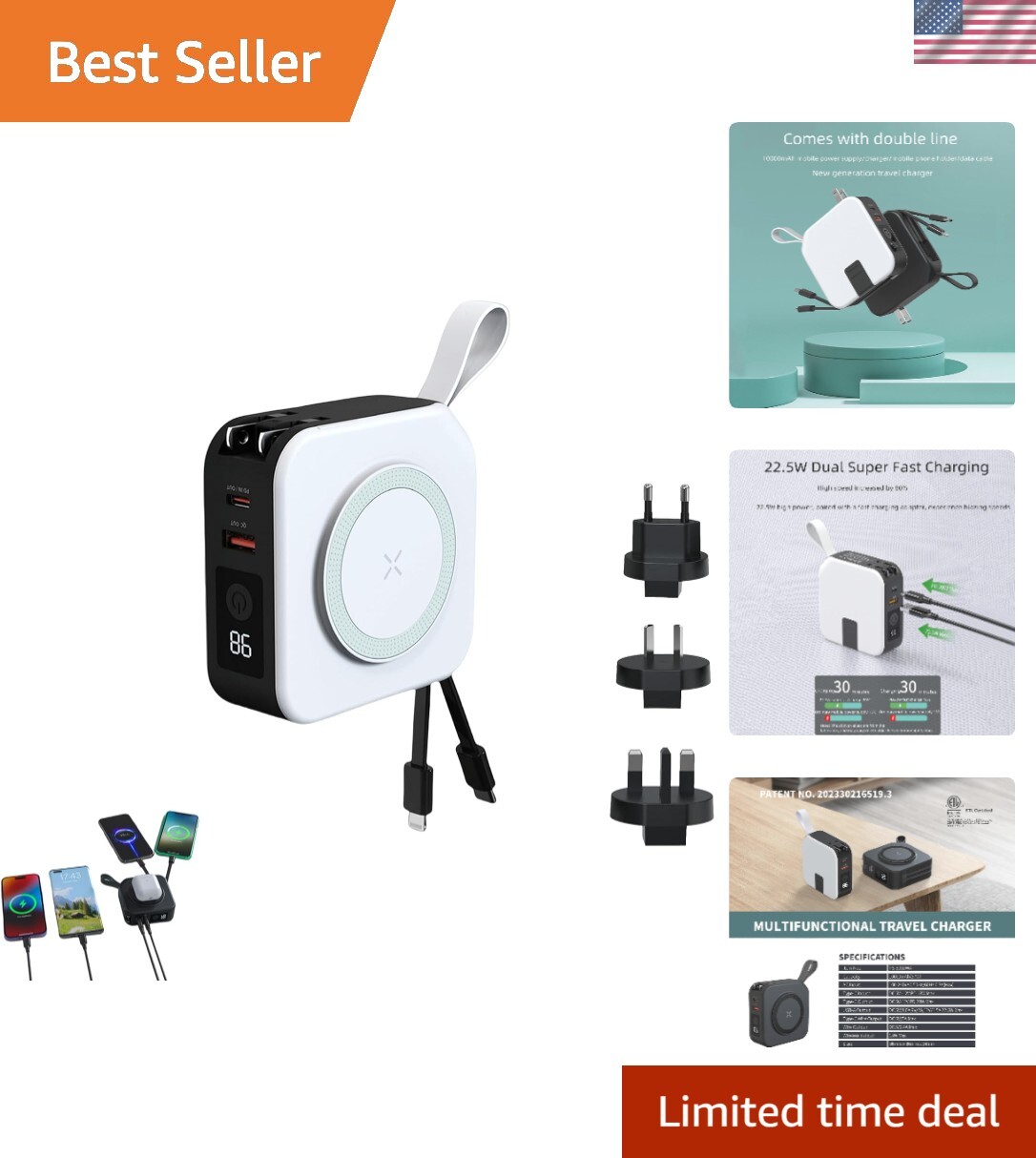 22.5W 5-in-1 10000mAh Travel Power Bank for Fast Charging Phones