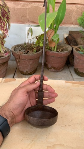 Antique Rare Iron Hand Crafted Hand Carving Serving Scooping Sauces Gravy Spoon