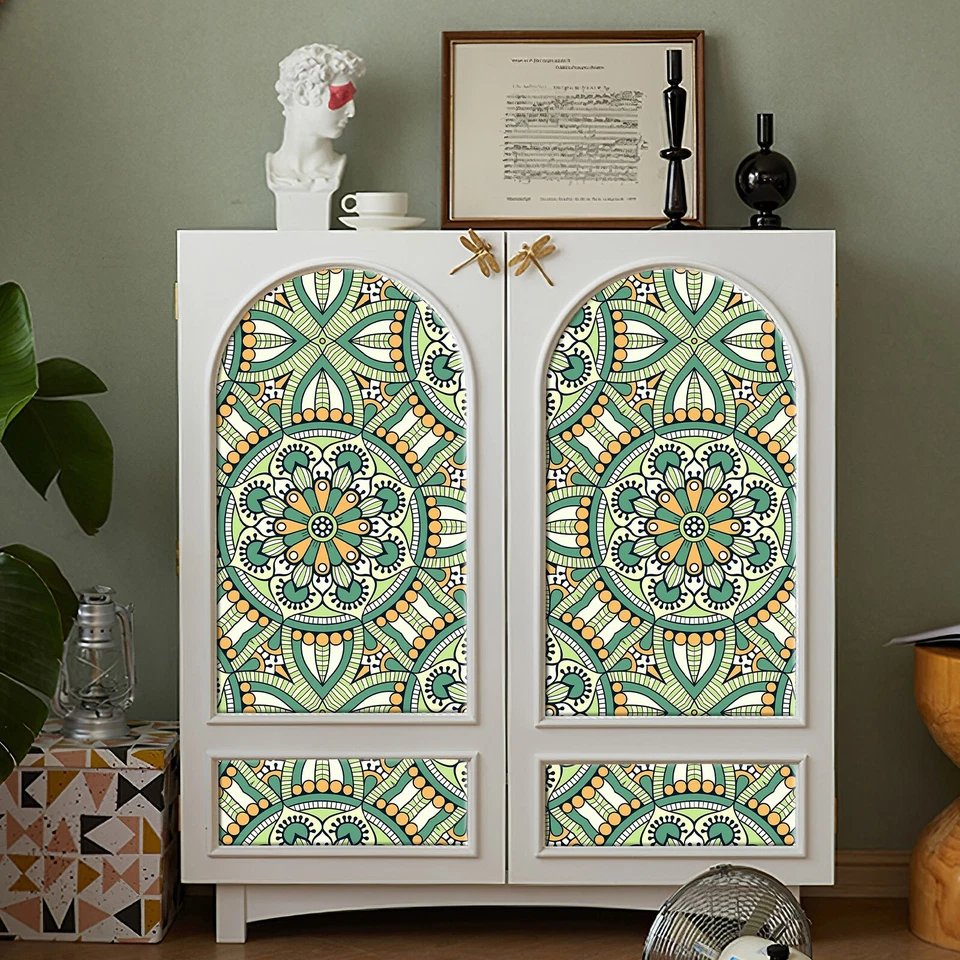 2 Rollos 17.3"X236" Boho Verde Círculo Papel Pintado Pelar y Pegar Gabinete Adhesivo Foto 4 de 4