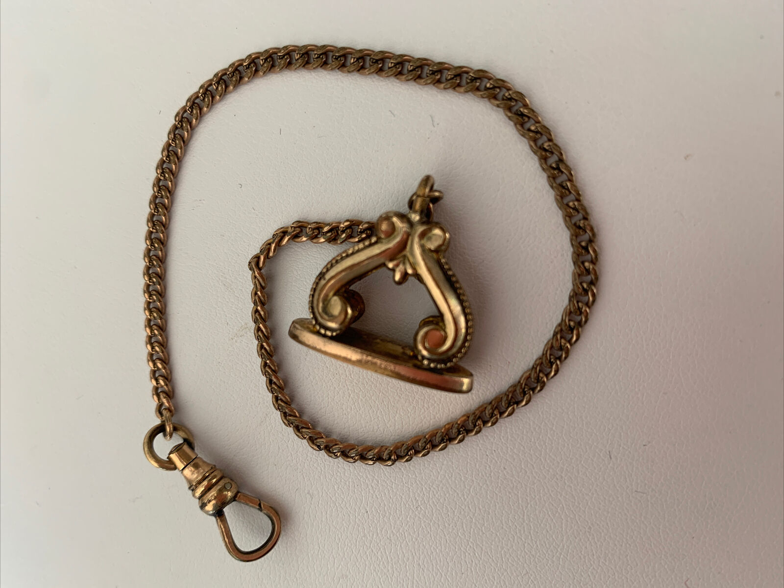 VINTAGE BATES & BACON GOLD FILLED POCKET WATCH CHAIN 9” & GF INITIAL WAXSEAL FOB