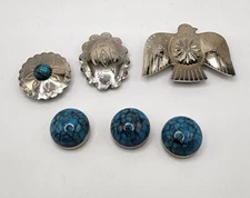 Southwest Button Cover Set Thunderbird Unmarked Silver Tone Jewelry