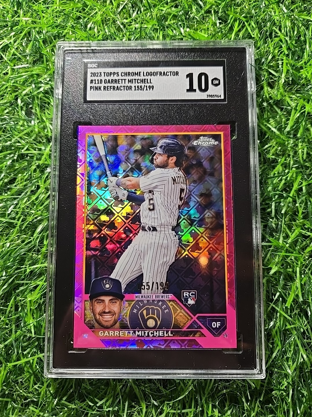 2023 Topps Chrome Logofractor Pink #110 - Garrett Mitchell RC 155/199 - SGC 10