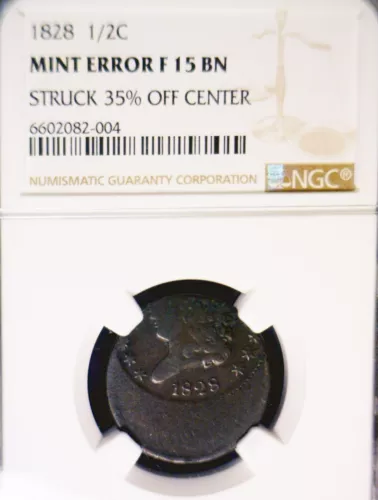 1828 ERROR NGC F15 35% Off Center HALF CENT Coin NICE EARLY 1/2 c O/C  FREE SHIP