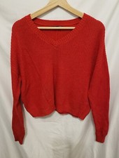 Wild Fable Sweater Juniors Large Red V-Neck Pullover Loose Knit Cropped