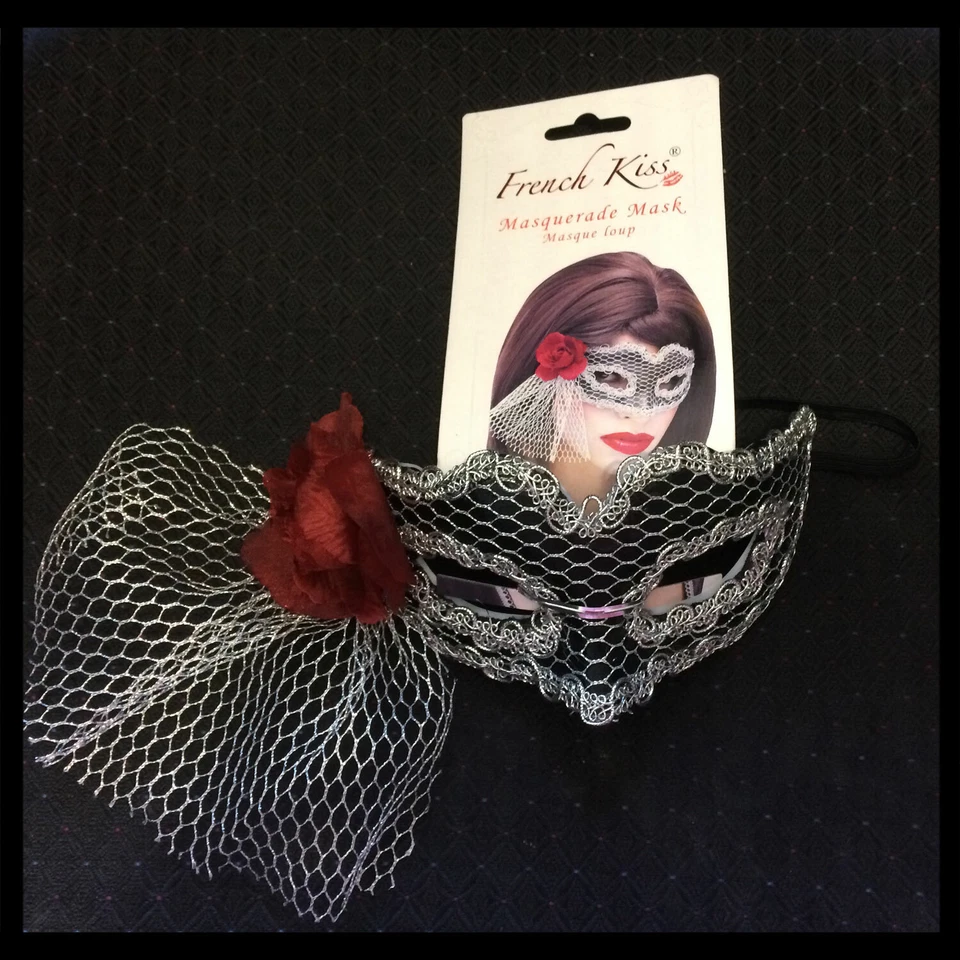 Masquerade Mardi Gras Venetian Mask BlackSilver Mesh Side Rose Party French Kiss - Image 2 of 4