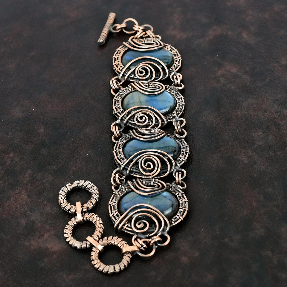 Regalo Para Mujer Envuelto en Alambre Tenis Pulsera Ajustable Cobre Labradorita 9.0" Foto 3 de 4