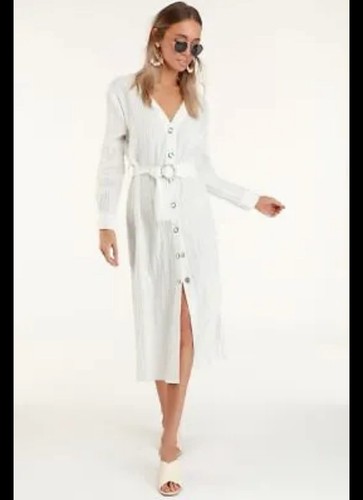 Anthropologie white shirt dress size XS belted button front pin striped - Picture 2 of 13