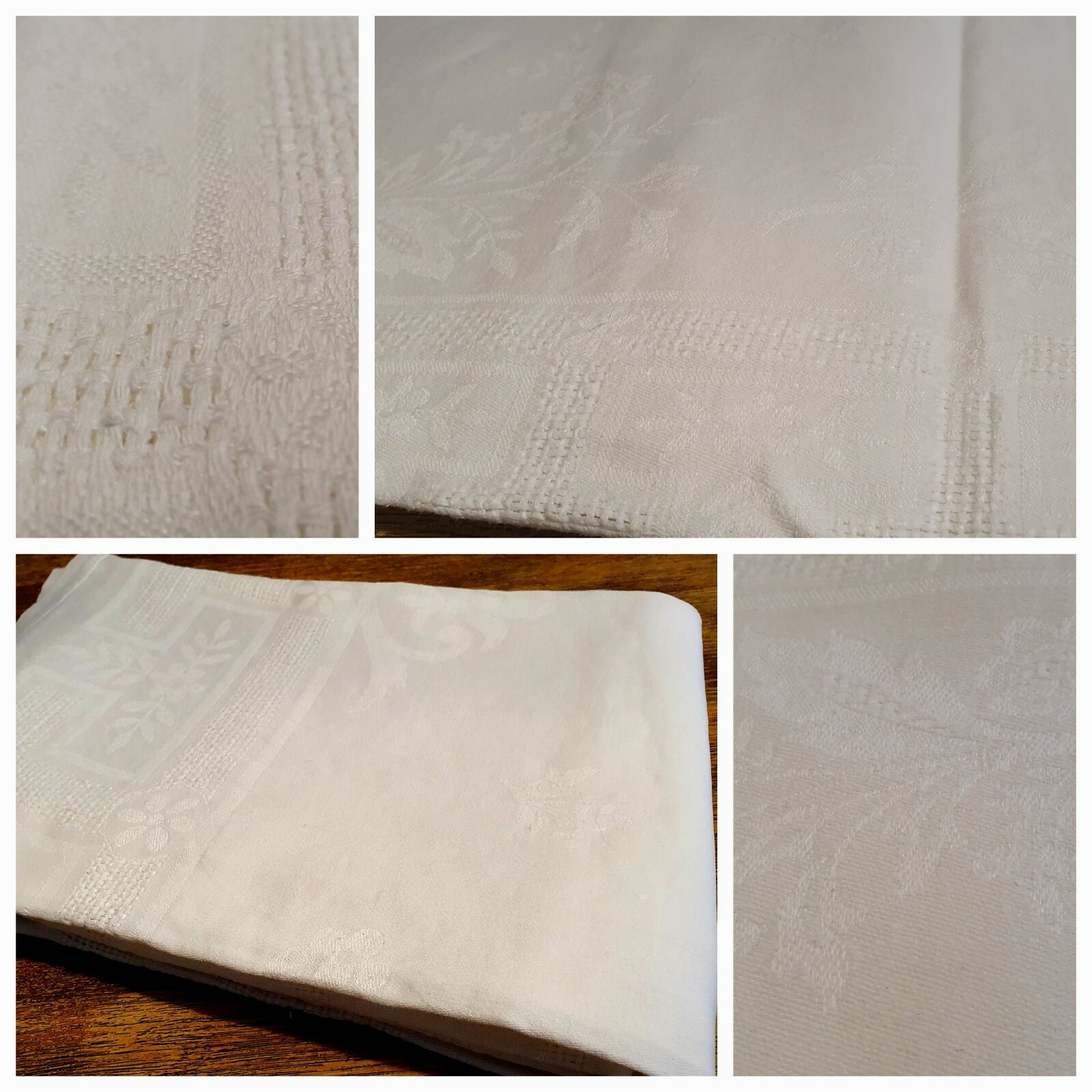 Antigua Gran Mantel Bordado De Lino Damascado 220 Cm X 140 Cm / Blanco