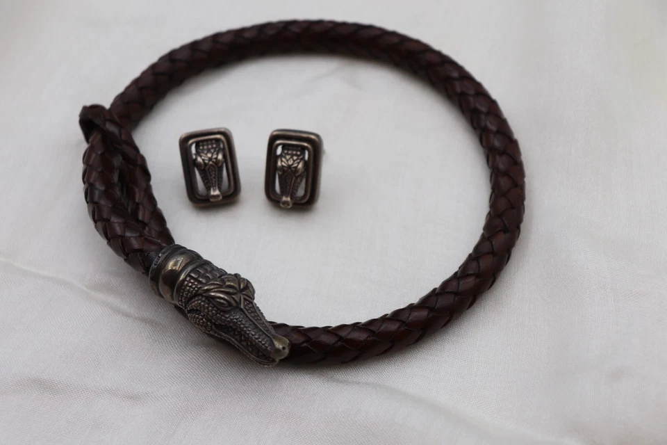 Juego de collar y pendientes vintage de plata de ley de plata de ley 1997 Kieselstein Cord Alligator Foto 3 de 4