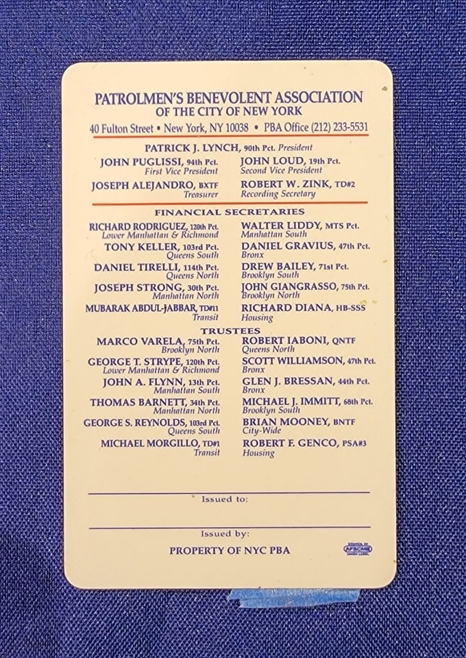Vintage 2001 PBA Patrolmans Benevolent Card NYPD New York City Police 9