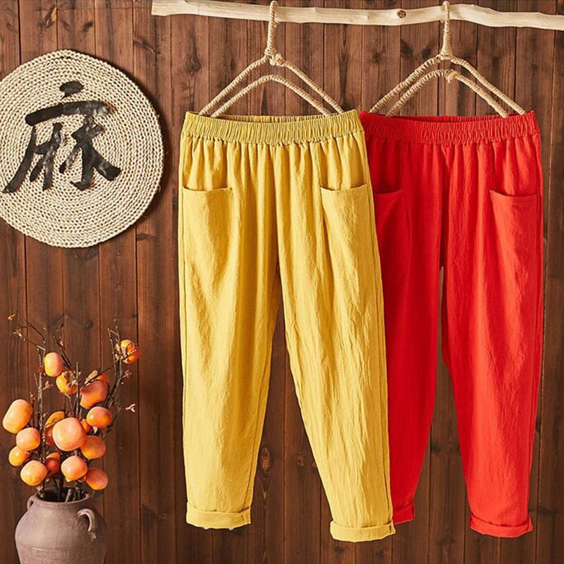 Womens Cotton Linen Harem Pants Loose High Waist Elastic Ankle-length Trourse - Image 4 of 4