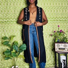 African Vintage Black Long Cardigan Vest Shell  Beaded Embroidery