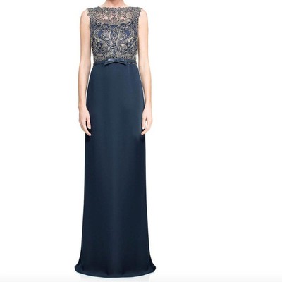 Tadashi Shoji Navy Blue Gold Floral Embroidered Luanda Gown Petite Dress Sz 18P
