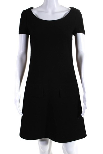Prada Womens Back Zip Short Sleeve Scoop Neck Shift Dress Black Wool Size IT 38