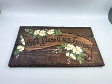 Vtg Hand Painted Carved Wood Sign “God Bless This House" Cottage Tole Flowers